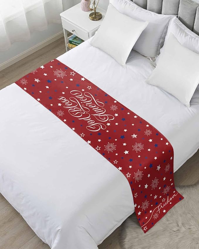 Independence Day Blue White Star Bed Runners for Bedroom Hotel,Decorative Bedding Scarf Freedom Celebration on Red Bed End Blanket Bedding Runner Scarves for Full Size Bed,83x20in