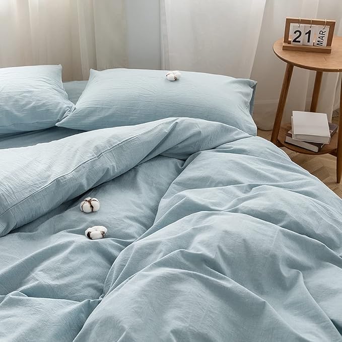 FACE TWO FACE Bedding Duvet Cover Set 3 Pieces 100% Washed Cotton Duvet Cover Linen Like Textured Breathable Durable Soft Comfy (King, Light Blue)