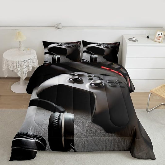 Feelyou Gaming Bedding Set Boys Game Controller Comforter for Kids Girls Teens Modern Gamer Headset Comforter Set Youth Gaming Console Video Game Decor Duvet Set with 1 Pillow Case Twin Size Black