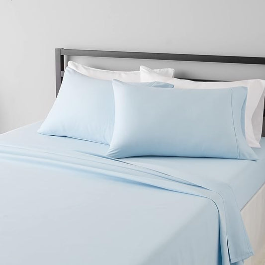 Amazon Basics Breathable, Ultra-Soft, Wrinkle-Resistant Microfiber 4-Piece Bed Sheet Set with 14-Inch Deep Pockets, Machine Washable, Full, Light Blue, Solid
