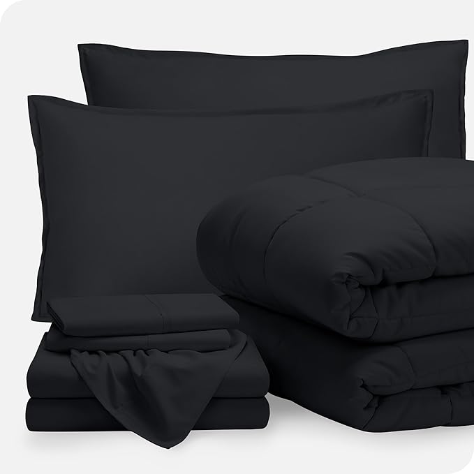 Bare Home Bed-in-A-Bag 7 Piece Comforter & Sheet Set - Full XL - Goose Down Alternative - Ultra-Soft 1800 Premium Bed Set (Full XL, Black/Black)