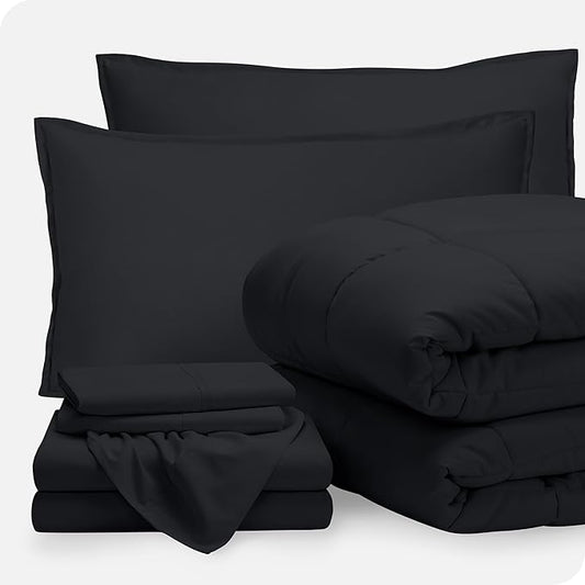 Bare Home Bed-in-A-Bag 7 Piece Comforter & Sheet Set - Full XL - Goose Down Alternative - Ultra-Soft 1800 Premium Bed Set (Full XL, Black/Black)