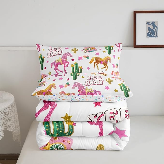 Feelyou Pink Glitter Cowgirl Decor Comforter Set Toddler Size for Girls Adults Cowboy Horse Boots Print Kids Kawaii Bedding Set Girly Whitewooden Farmhouse Quilt Set with 1 Pillowcase