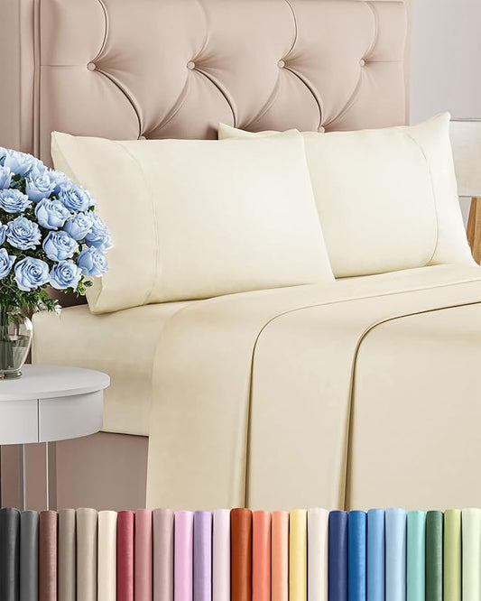Twin XL 4 Piece Sheet Set - Comfy Breathable & Cooling - Ultra-Soft Hotel Luxury Bedding Set w/ 8-16 Inch Deep Pockets - 1 Flat & 1 Fitted Sheet & 2 Pillowcases - Wrinkle Free & Easy Care - Off White