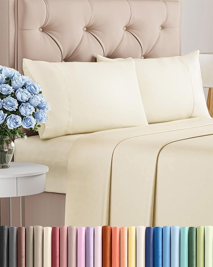 Twin 4 Piece Sheet Set - Comfy Breathable & Cooling - Ultra-Soft Hotel Luxury Bedding Set with 8-16 Inch Deep Pockets - 1 Flat & 1 Fitted Sheet & 2 Pillowcases - Wrinkle Free & Easy Care - Off White