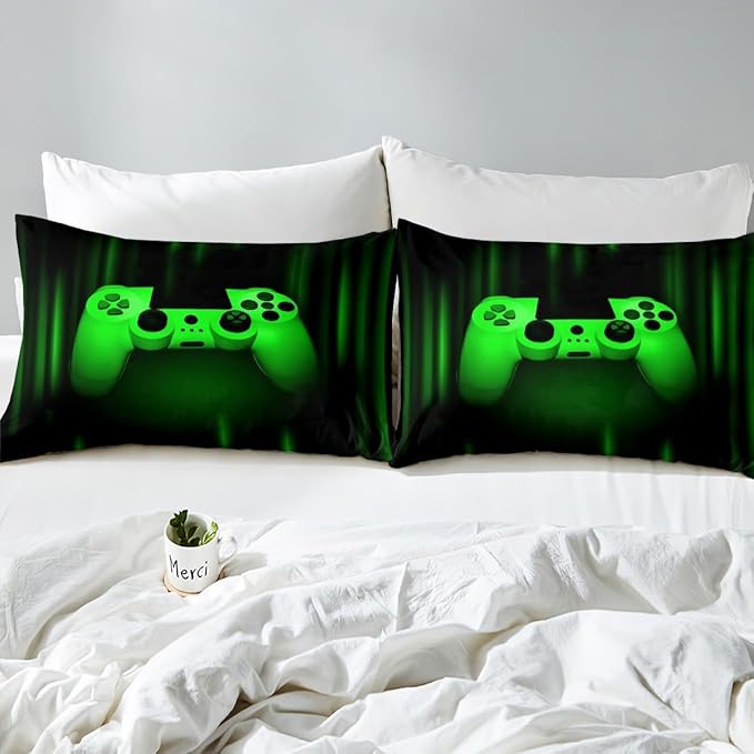Feelyou Boys Gamer Comforter Set Full Size Bedding Set for Kids Gaming Comforter Green Black Video Games Gamepad Room Decor for Teens Child Super Soft Geometric Duvet Quilted Son Grandson Gift