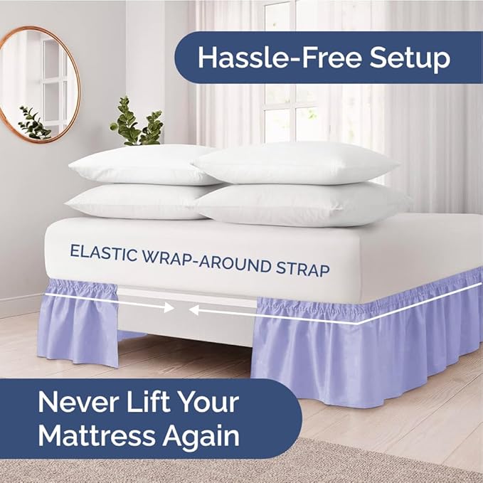 Wrap Around Dust Ruffle Bed Skirt - Lavender - for King Size Beds with 21 Inch Drop - Easy Fit Elastic Strap - Adjustable Pleated Bedskirt w/Brushed Fabric Wrinkle Free - for Women, Men, Kids & Teens