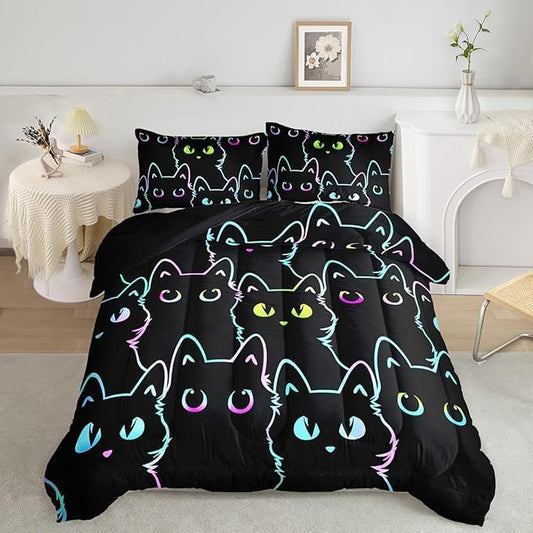 Axolotl Kids Cartoon Cat Bedding Comforter Set,Gradient Line Cute Cat Bedding Set for Teens,Colorful Neon Cats Comforter for Boys Girls Adults,1 Animal Quilt 2 Pillow Cases,King Size Black