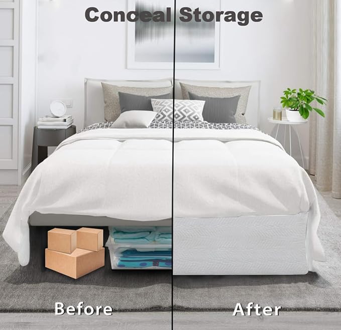 Queen Bed Skirt-Box Spring Cover with 12 Inch Tailored Drop,Wrinkle and Fade Resistant Hotel Wrap Around Bed Skirts,Bed Frame Cover (Wave Pattern White, Queen-12 Drop)