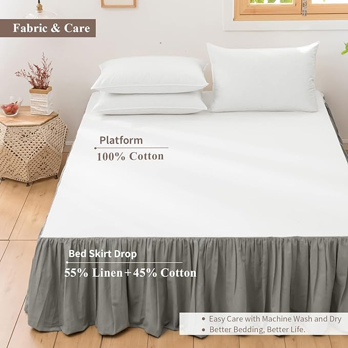 BISELINA French Linen Bed Skirt with Pleated Frills 14-Inch Tailored Drop Natural Flax Cotton Blend Dust Ruffle Soft Cozy Farmhouse Bedding (14" Twin, Grey)