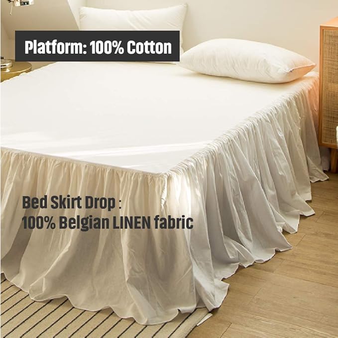 Simple&Opulence Belgian Linen Bed Skirt with Classic 16 inch Tailored Drop Dust Ruffle, Easy Fit Breathable Premium Natural Flax- Pleated White,King