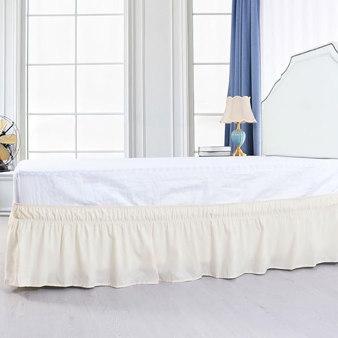 Bed Skirt - Wrap Around Bed Skirts Elastic Dust Ruffles, Easy Fit Wrinkle and Fade Resistant Luxurious Fabric Solid Color, Ivory Twin XL Size Beds 15 Inch Drop