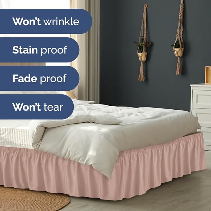 Wrap Around Dust Ruffle Bed Skirt - Mauve - for Full Size Beds w/ 15 Inch Drop - Easy Fit Elastic Strap - Adjustable Pleated Bedskirt w/Brushed Fabric - Wrinkle Free - for Women, Men, Kids & Teens