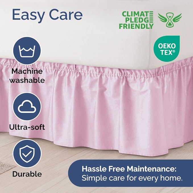 Wrap Around Dust Ruffle Bed Skirt - Light Pink - for King Size Beds with 12 Inch Drop - Elastic Strap - Adjustable Pleated Bedskirt with Brushed Fabric and Wrinkle Free - for Women, Men, Kids & Teens