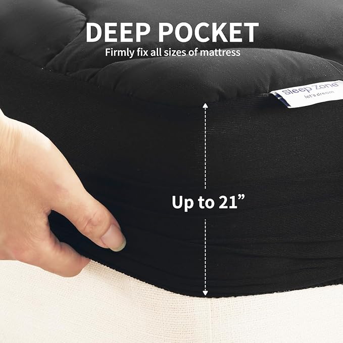 SLEEP ZONE Full Size Mattress Pad, Cooling Mattress Topper, Quilted Fitted Mattress Cover, Machine Washable Mattress Protector, Soft Fluffy Down Alternative, Deep Pocket 8~21 inch (Black, Full)