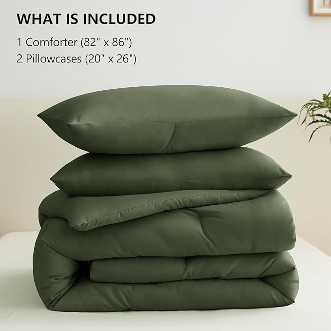 CozyLux Dark Olive Green Full Size Comforter Set, 3 Pieces Solid Breathable Quilted Bedding Sets, Luxury Fluffy Soft Bed Set with Down Alternative Comforter All Season (1 Comforter & 2 Pillowcases)