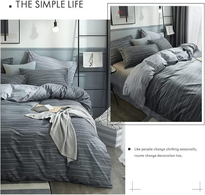 LifeTB Cotton Stripe Duvet Cover Full Size Geometric Grey Stripe Bedding Sets Modern Style Striped Comforter Cover Reversible Grey Bedding Cover for Men Boys 1 Full Duvet Cover with 2 Pillowcases