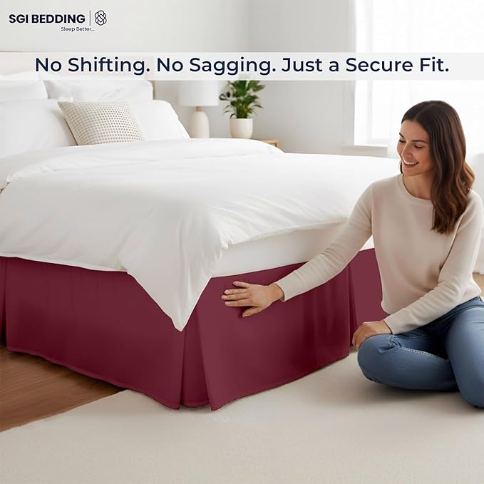SGI bedding 21 inch Drop Bed Skirt Full Size - Platform Style with Secure Fit, Classic Tailored Look, Elegant Pleated Style Dust Ruffle, Split Corners, Wrinkle Resistant Microfiber - Burgundy