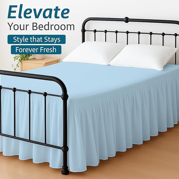 Shreem Linen Ruffled Bed Skirt with Split Corners, Gathered Style, 100% Microfiber, 24-Inch Drop, Dust Ruffle Bedskirt with Platform, Full-XXL, Light Blue