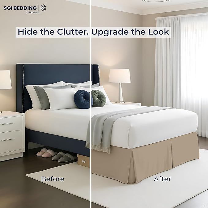 SGI bedding 12 inch Drop Bed Skirt Twin Size - Platform Style with Secure Fit, Classic Tailored Look, Elegant Pleated Style Dust Ruffle, Split Corners, Wrinkle Resistant Microfiber - Taupe