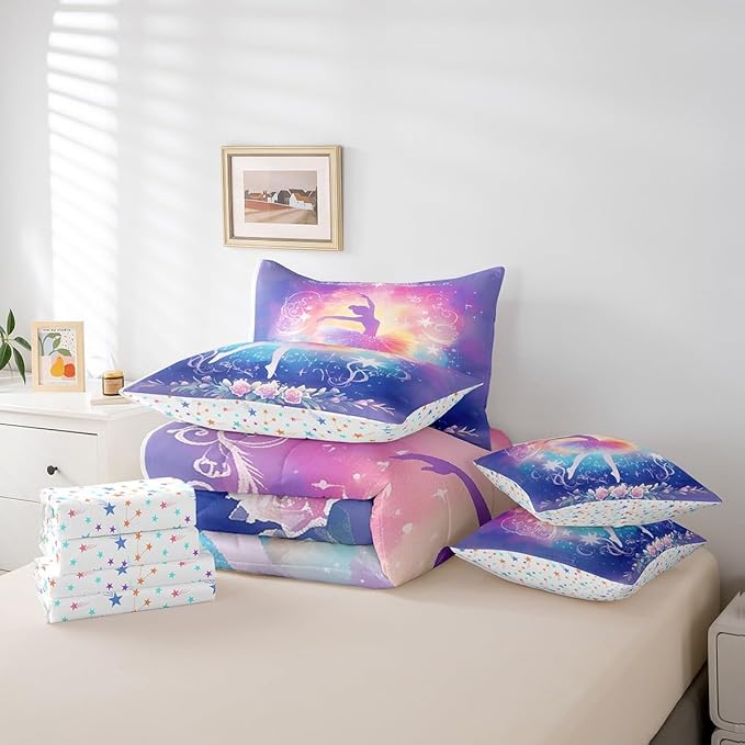 Feelyou Kids Ballet Dancer Comforter Set with Sheets Queen Size, Ballerina 7 Pieces Bedding Set Boys Girls Dreamy Princess Bed in A Bag Dancing Teens Bed Set Bedroom Decor 7Pcs