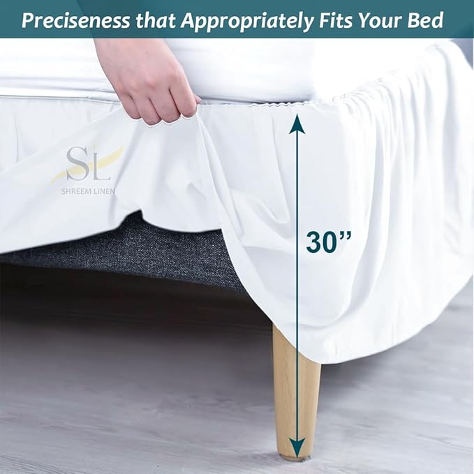 Shreem Linen Ruffled Bed Skirt with Split Corners, Gathered Style, 100% Microfiber, 30-Inch Drop, Dust Ruffle Bedskirt with Platform, King, White
