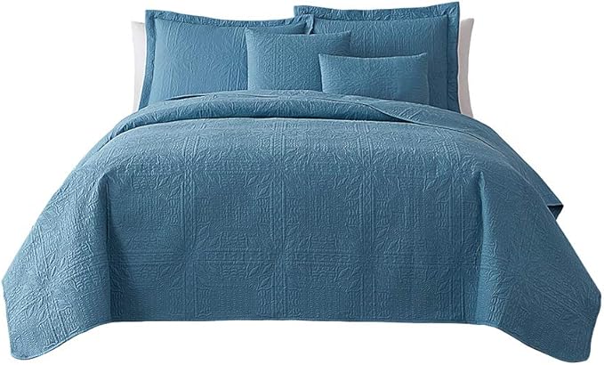 Hearth & Harbor Quilts Queen Size - All Season Bedspread Coverlet Set, Pinsonic Weave Lightweight Bedding Set - 5 Piece Queen Quilt Set with Pillow Shams, Grid - Blue Heaven