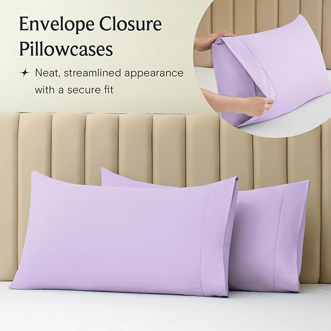 LuxClub 4 PC Full Sheet Set, Deep Pockets Wrinkle Free Cooling Bed Sheets Hotel Bedding for Women, Men, Kids & Teens, Includes 1 Fitted Sheet, 1 Flat Sheet and 2 Pillowcases-Soft Lavender
