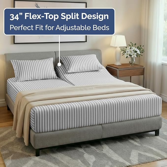Flex Top Split Head King 4 Piece Sheet Set - Comfy Breathable & Cooling Bed Sheets Set - Hotel Luxury Bedding for Women, Men, Kids, Teens, Boys & Girls - Deep Pockets, Soft - Oeko-Tex - Grey Stripes