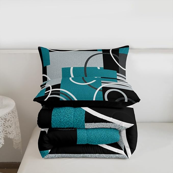 Modern Turquoise Decor Comforter King Geometric Circles Gird Bedding Set For Boys Girls Kids Teens Adult Black Grey Down Comforter Stripe Swirls Duvet Set Modern Graphic Texture Quilted Comforter