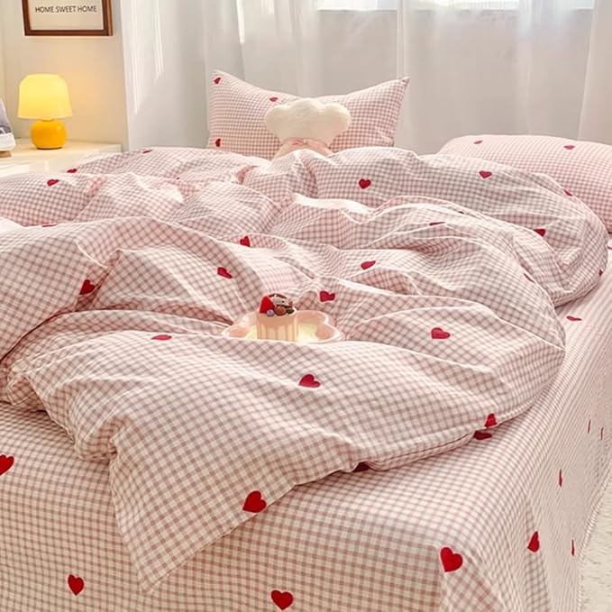 Nayoroom Gingham Duvet Cover Full Size Pink Plaid Red Heart Printed on White Bedding Set 3 Pcs Kids Girls Cute Heart-Shaped Comforter Cover with Zipper Closure Soft Breathable Microfiber