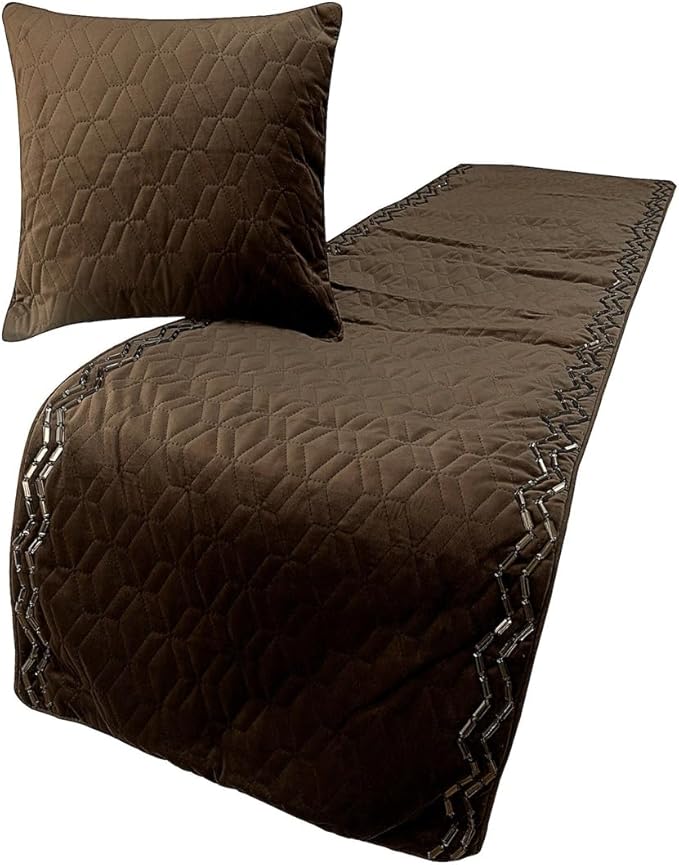 The HomeCentric King Queen Twin Brown Designer King 90"x18" Bed Runner with 2 Pillow Cover, Quilted & Crystals Bed Scarf on Velvet Fabric - Brown Diamond Symphony