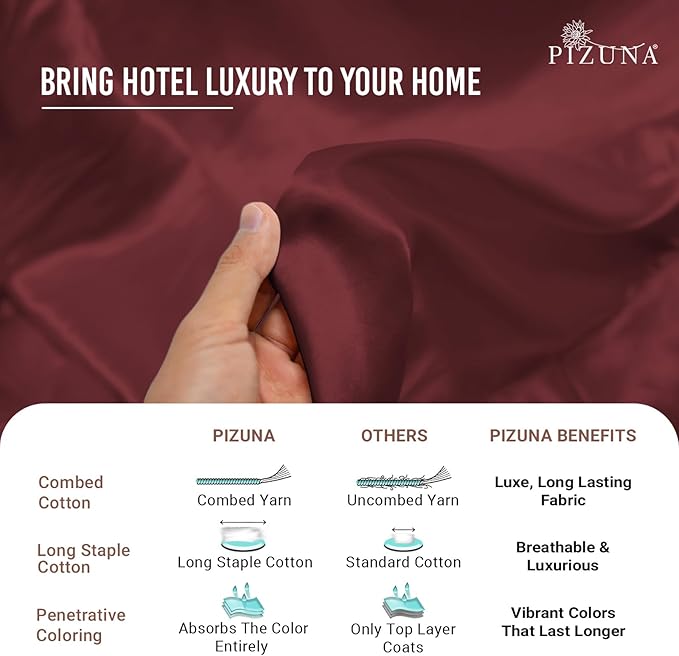 Pizuna Pure 100% Cotton Sheets California King Size, Luxurious 400 Thread Count Long Staple Cotton Sateen Sheets California King with 15" Deep Pocket (Combed Brick Red Cotton Sheets California King)