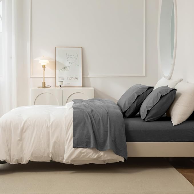JIYUAN 100% Washed Cotton Sheet Set 3 Pieces Twin,1 Fitted Sheet,1 Flat Sheet and 1 Pillowcase, Comfy and Breathable Linen Like Bedding Set,Heathered Dark Grey