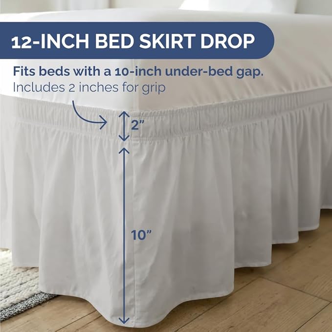 Wrap Around Dust Ruffle Bed Skirt - French Grey - for Queen Size Beds w/ 12 Inch Drop - Easy Fit Elastic Strap - Adjustable Pleated Bedskirt w/Brushed Fabric - Wrinkle Free, Women, Men, Kids & Teens