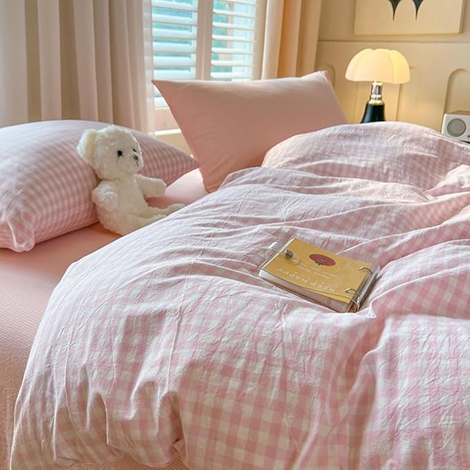 Nayoroom Gingham Duvet Cover Twin Size Pink White Plaid Checkered Comforter Cover 2 Pcs Soft Breathable Washed Microfiber Grid Farmhouse Bedding Set with Pillow Shams