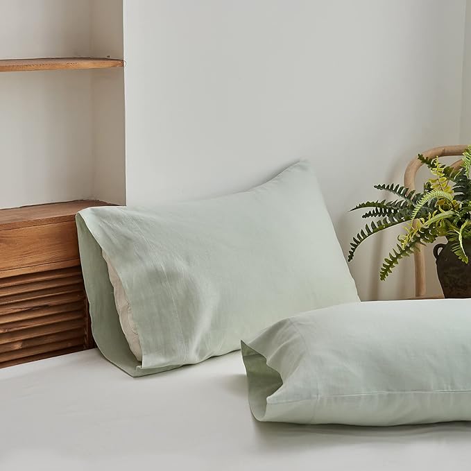 Simple&Opulence Belgian Linen Sheet Set Solid Color - 4 Pieces (1 Flat Sheet, 1 Fitted Sheet & 2 Pillowcases) Natural Flax Cotton Blend Soft Breathable Farmhouse Bedding - King Size, Mint Green