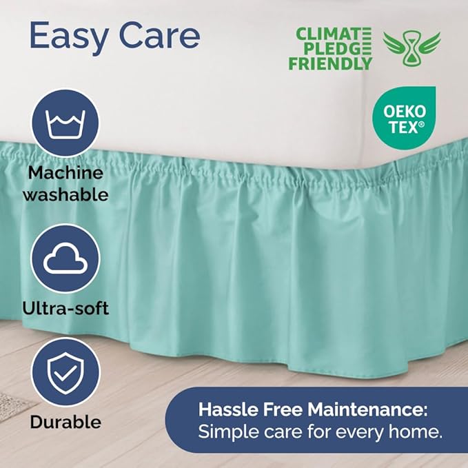 Wrap Around Dust Ruffle Bed Skirt - Spa Blue - Twin/Twin XL Size Beds with 18 Inch Drop - Easy Fit Elastic Strap - Adjustable Pleated Bedskirt w/Brushed Fabric Wrinkle Free - Women, Men, Kids & Teens