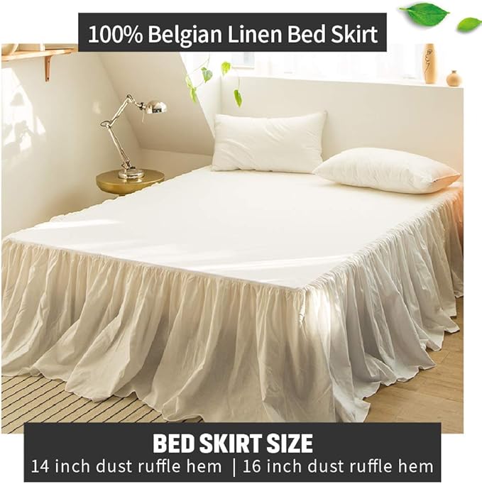 Simple&Opulence Belgian Linen Bed Skirt with Classic 16 inch Tailored Drop Dust Ruffle, Easy Fit Breathable Premium Natural Flax- Pleated White,King