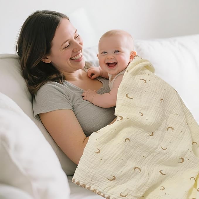 Double Layered 100% Cotton Muslin Baby Blanket Ultra-Soft 40x40 Inch Swaddling Nursery Crib Blanket（Moon Stars）