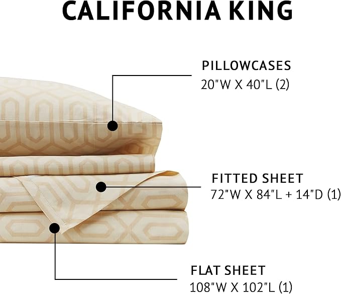 Comfort Spaces 144TC Cotton Sheet Set Breathable, Lightweight, Soft with Elastic Deep Pocket, Modern All Season Cozy Bedding, Matching Pillow Case, Cal King, Diamond Tan 4 Piece