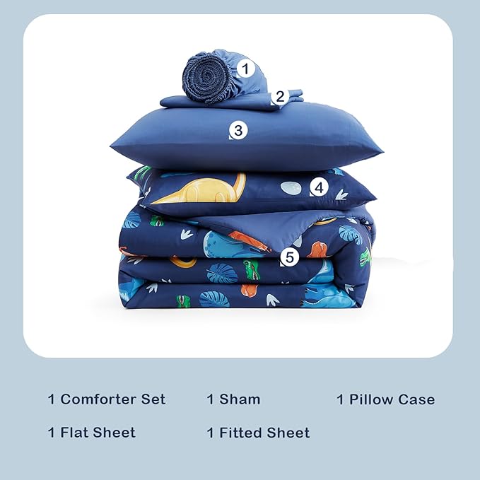 Twin Comforter Set for Boys Kids - 5 Pieces Navy Dinasour Patterns Twin Bedding Sets for Boys Teen, Soft Cozy Bed in A Bag with Sheets