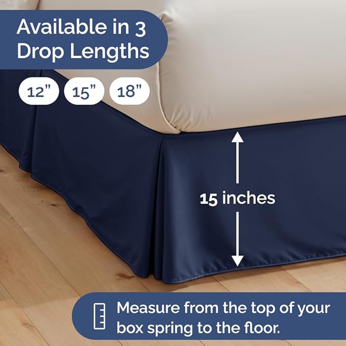 Pleated Bed Skirt Twin Size - 3 Sided Pleated Bed Skirt Twin - Ultra-Soft, Easy Fit with 15 Inch Tailored Drop - Hotel Quality, Wrinkle Free & Fade Resistant - for Women, Men, Kids and Teens - Navy