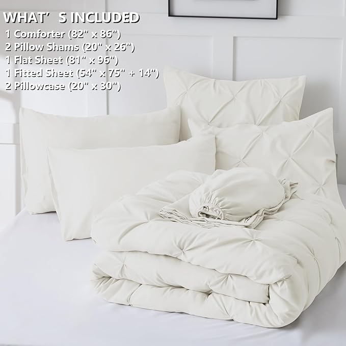 Full Comforter Set Ivory, 7 Pieces Pintuck Bed in A Bag Full Size Bedding, Soft Bed Set All Season Pinch Pleat Comforter Set with Sheets, Pillowcases & Shams
