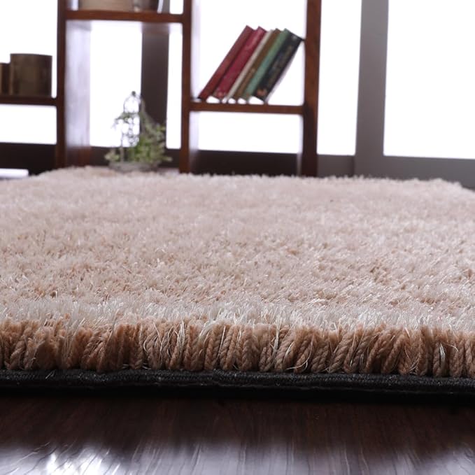 Rugsotic Carpets Hand Tufted SHAG Polyester ECO-Friendly Area Rugs - 5'x8', Rectangle, Beige, Solid Plain Design, High Pile Thick Handmade Anti Skid Area Rugs for Living Room, Bed Room K00111