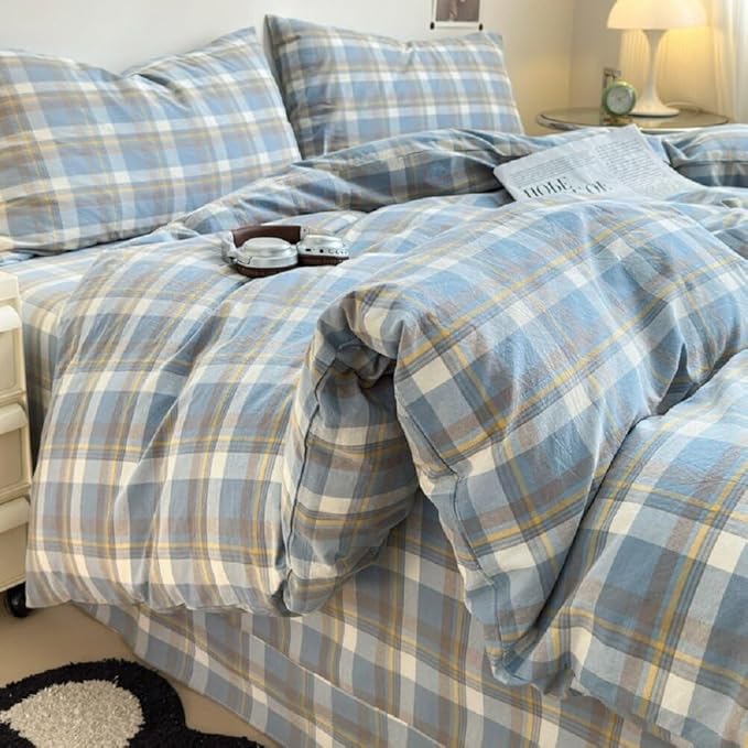 LifeTB Blue Plaid Duvet Cover Set Queen 100% Washed Cotton Grid Duvet Cover Cozy Soft Gingham Bedding Set Modern Plaid Comforter Cover Breathable Checkered Grid Bedding Cover with Zipper Ties