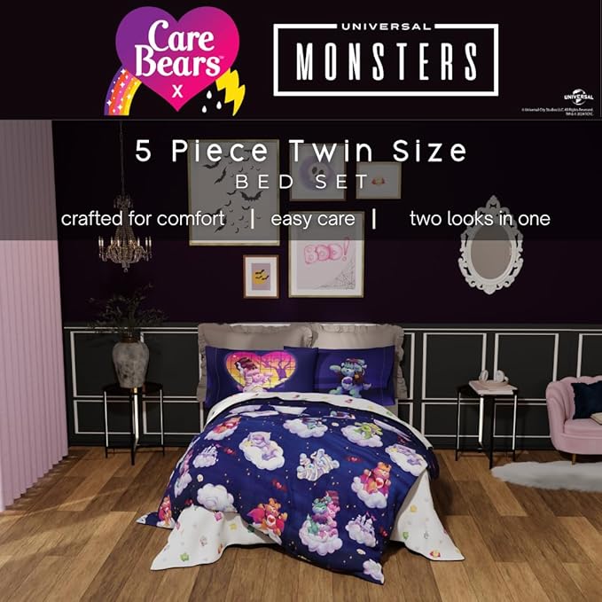 Care Bears x Universal Monsters Halloween Bedding 5 Piece Super Soft Cozy Reversible Comforter and Sheet Set with Sham, Twin, (Officially Licensed Product) by Franco