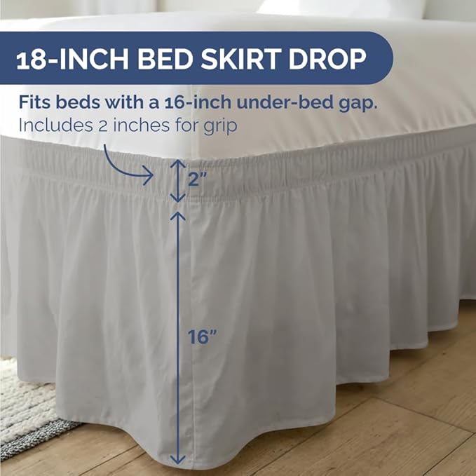 Wrap Around Dust Ruffle Bed Skirt - Light Grey - Twin/Twin XL Size Beds with 18 Inch Drop - Elastic Strap - Adjustable Pleated Bedskirt with Brushed Fabric and Wrinkle Free - Women, Men, Kids & Teens