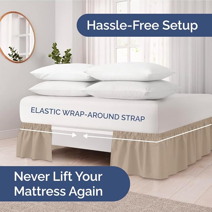 Wrap Around Dust Ruffle Bed Skirt - Cream - Twin/Twin XL Size Beds with 18 Inch Drop - Easy Fit Elastic Strap - Adjustable Pleated Bedskirt w/Brushed Fabric - Wrinkle Free - Women, Men, Kids & Teens