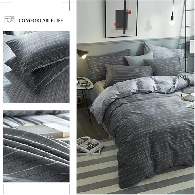 LifeTB Striped Comforter Set Queen Grey Striped Bedding Comforter 3 Pieces Geometric Comforter Set 1 Stripe Comforter Queen with 2 Pillowcases Grey Stripe Fluffy Bed Set for All Seasons
